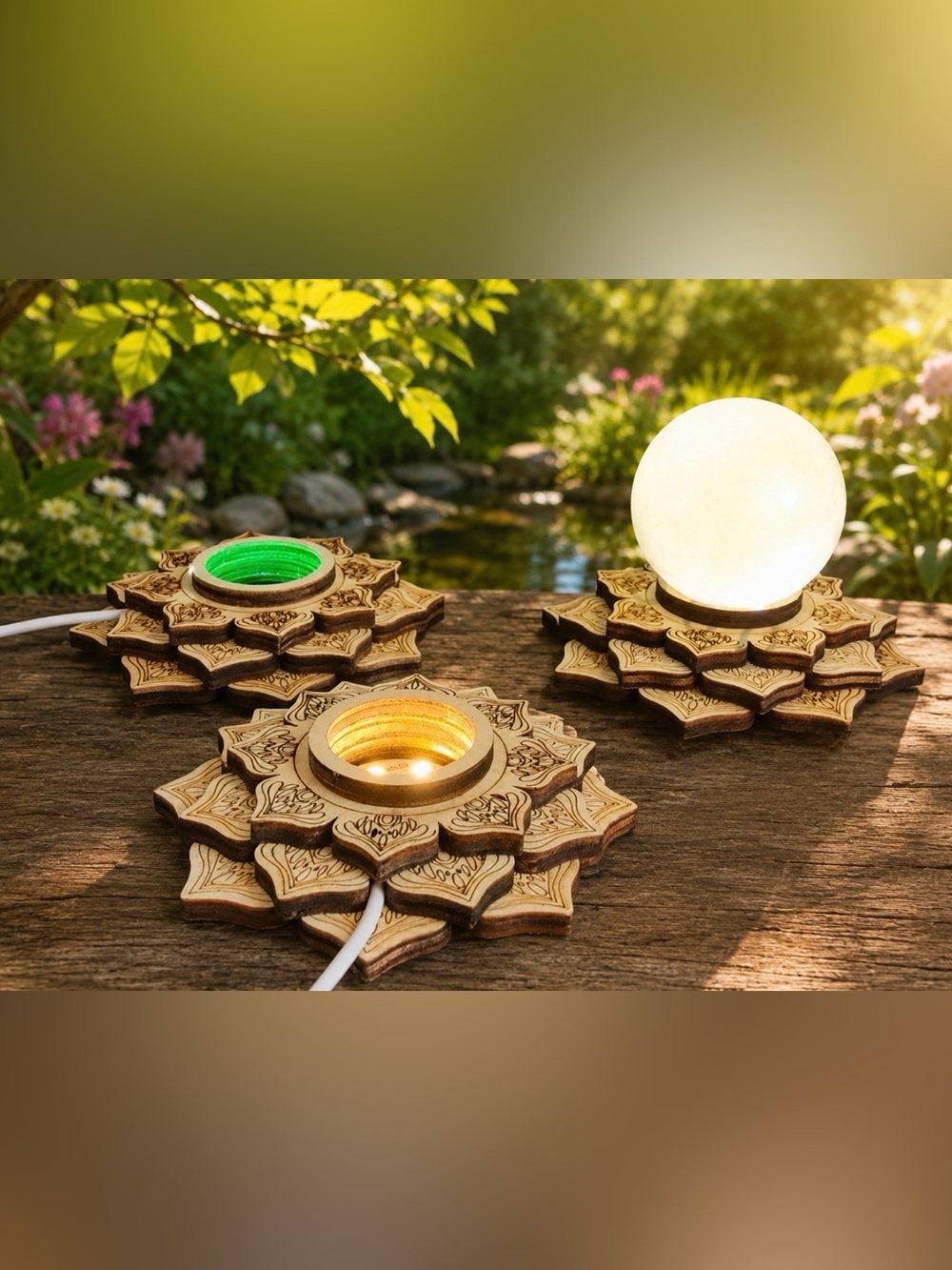 Lotus Shape, Lotus Etched Base_Multi-Color LED Sphere Holder_Natural Wood Finish
